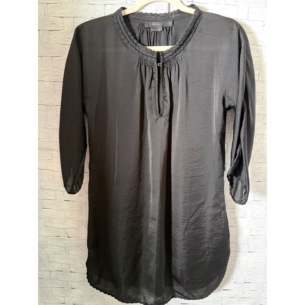 Vertigo Womens Tunic Blouse Paris Black Scalloped Trim Split Neck minimalist
